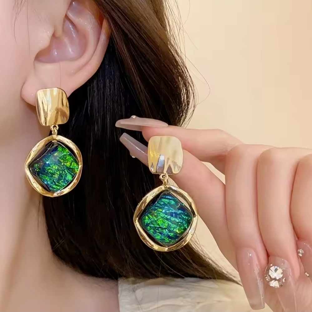 Gold and Iridescent Green Earrings
